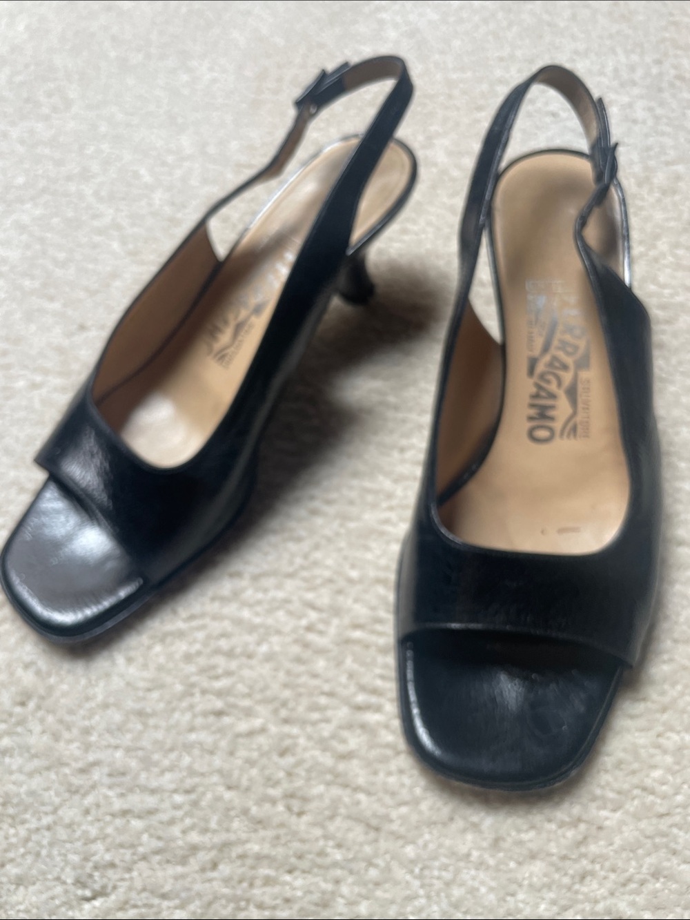 Salvatore Ferragamo Black Leather Open Square Toe Slingback Heels